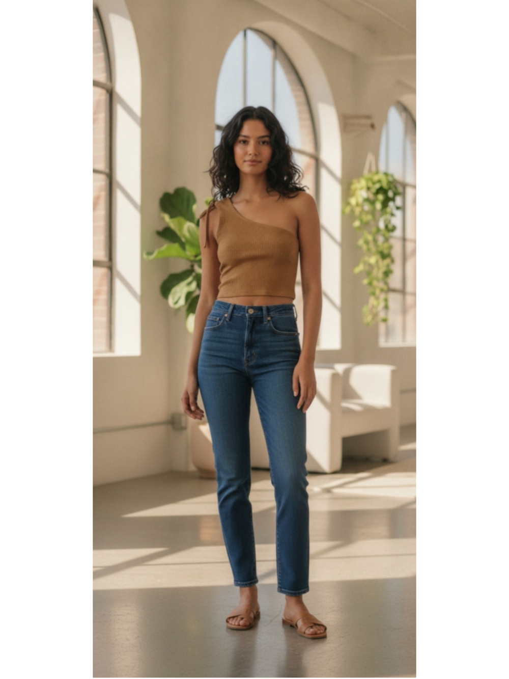 Aerie ribbed brown one shoulder crop top Size small